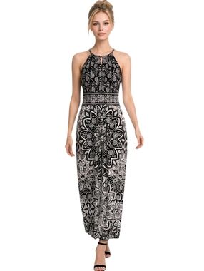 London Times Black & White Floral  Inset Waist Keyhole Halter Maxi Dress Size 8
